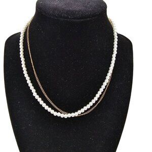 Double-Strand Pearl‎ Chain Collar Necklace & Dainty Gold Chain 15"+3"